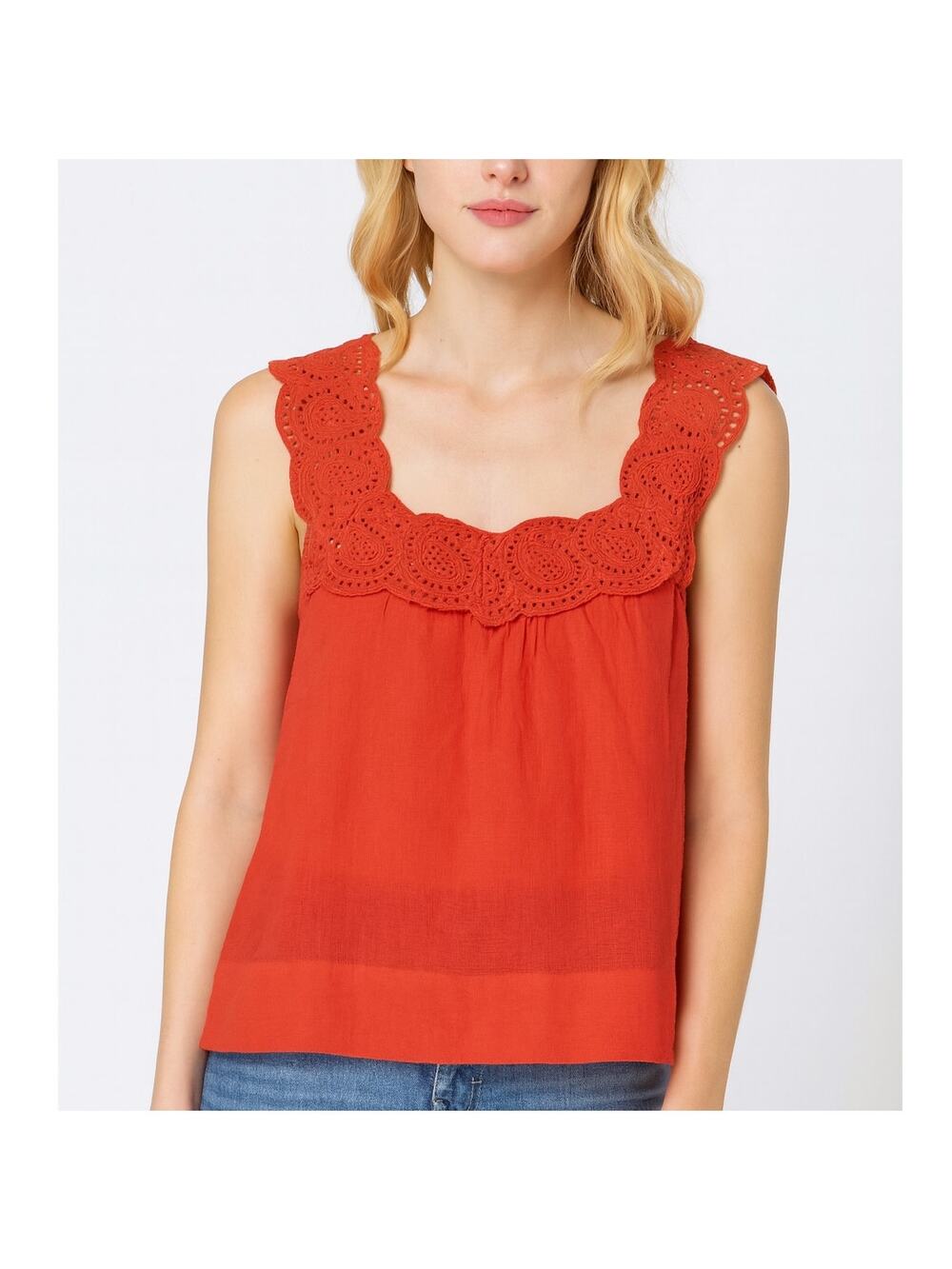 2/$30 J. Crew Eyelet Embroidered Square Neck Cotton Top Red 41472 Size 4